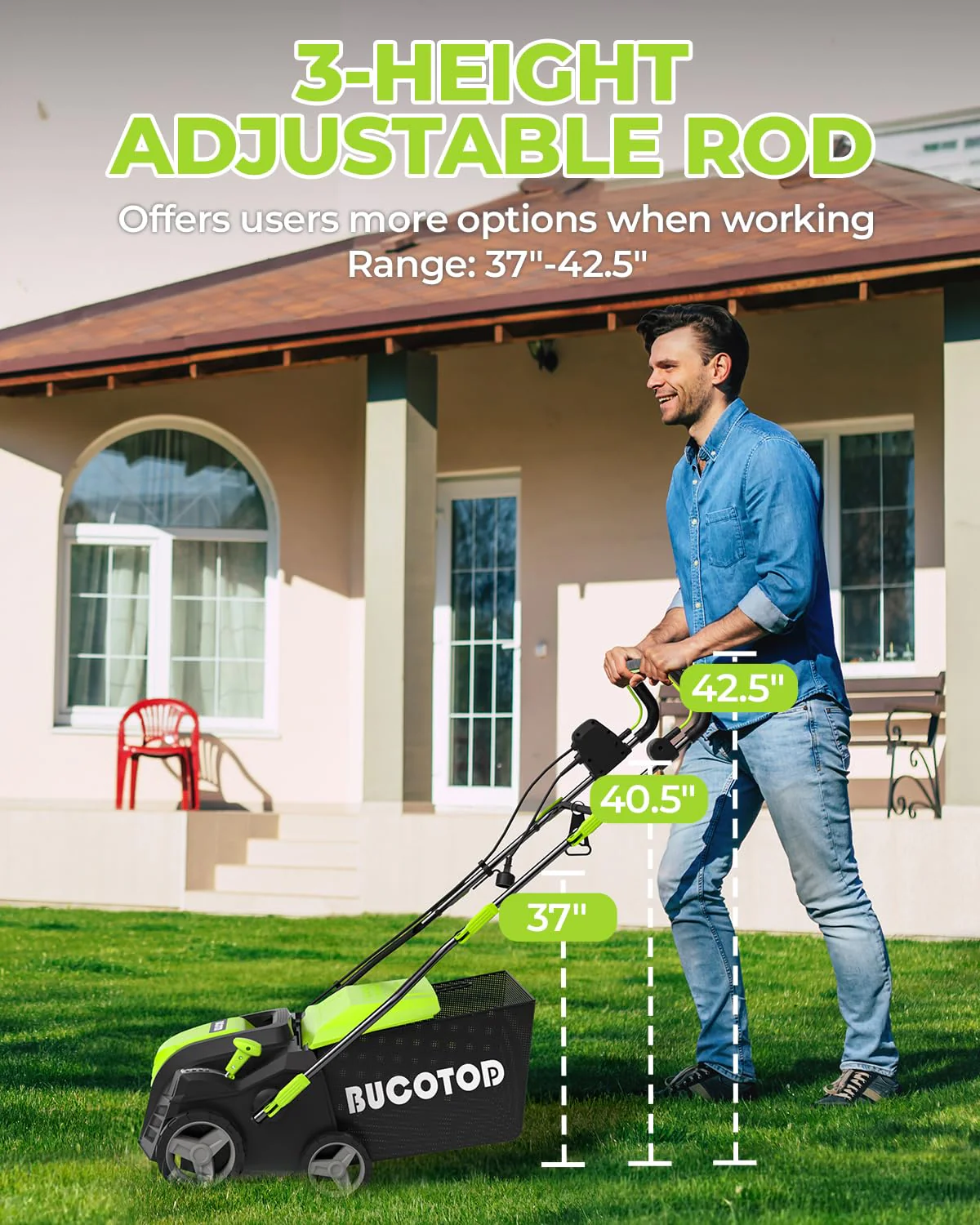 BUCOTOD 16-Inch Electric Dethatcher & Scarifier, 2-in-1, 15-Amp Motor, Adjustable Depth, Lawn Care Tool