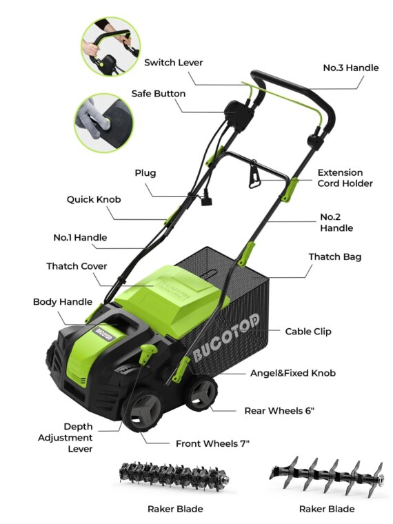 BUCOTOD 16-Inch Electric Dethatcher & Scarifier, 2-in-1, 15-Amp Motor, Adjustable Depth, Lawn Care Tool