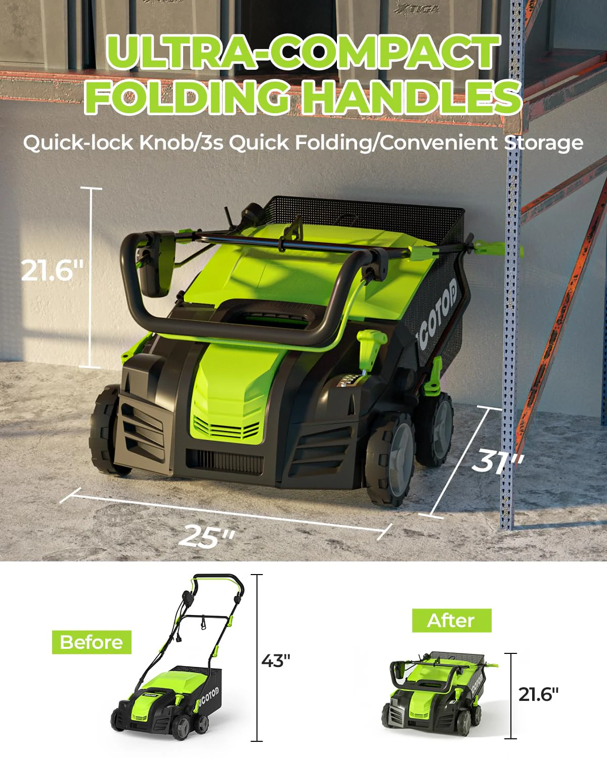 BUCOTOD 16-Inch Electric Dethatcher & Scarifier, 2-in-1, 15-Amp Motor, Adjustable Depth, Lawn Care Tool