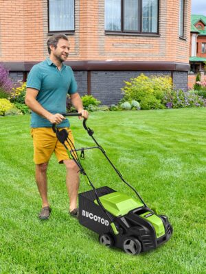 BUCOTOD 16-Inch Electric Dethatcher & Scarifier, 2-in-1, 15-Amp Motor, Adjustable Depth, Lawn Care Tool