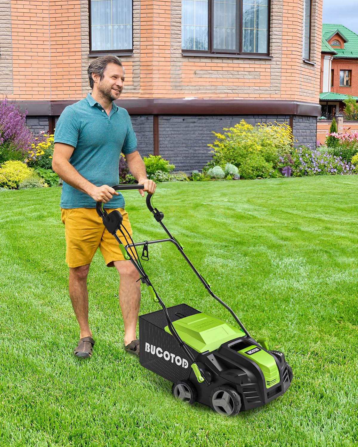 BUCOTOD 16-Inch Electric Dethatcher & Scarifier, 2-in-1, 15-Amp Motor, Adjustable Depth, Lawn Care Tool