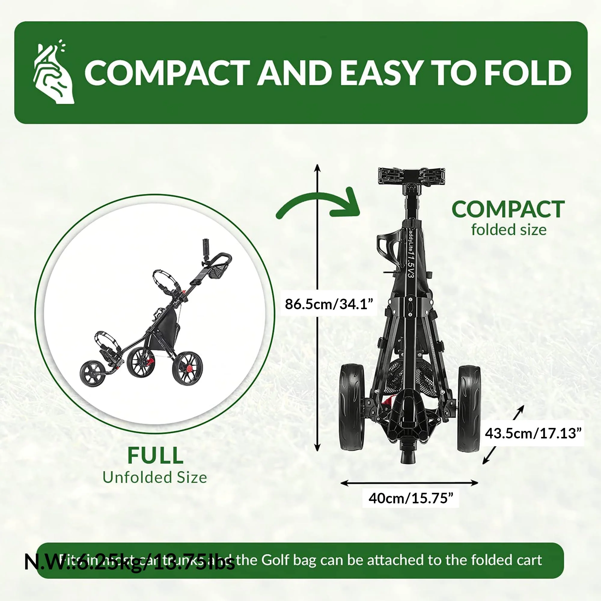 Caddytek CaddyLite 11.5 V3 3-Wheel Golf Push Cart with Storage & Umbrella Holder