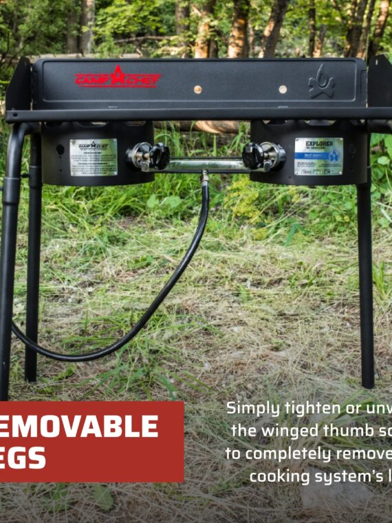 Camp Chef Explorer 2 Burner Camping Stove - 30,000 BTU, Portable with Detachable Legs, Windshield, Accessory Compatible