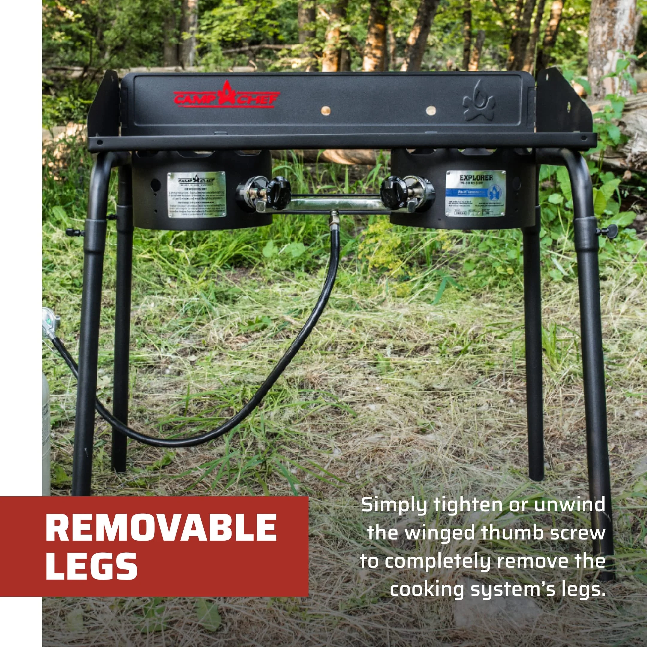Camp Chef Explorer 2 Burner Camping Stove - 30,000 BTU, Portable with Detachable Legs, Windshield, Accessory Compatible