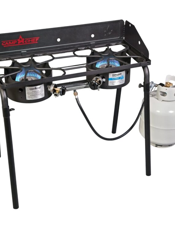 Camp Chef Explorer 2 Burner Camping Stove - 30,000 BTU, Portable with Detachable Legs, Windshield, Accessory Compatible