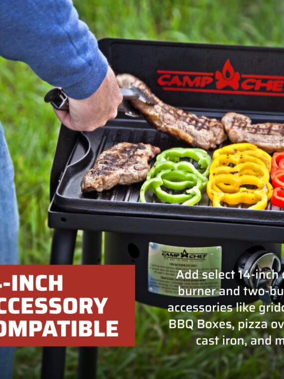 Camp Chef Explorer 2 Burner Camping Stove - 30,000 BTU, Portable with Detachable Legs, Windshield, Accessory Compatible