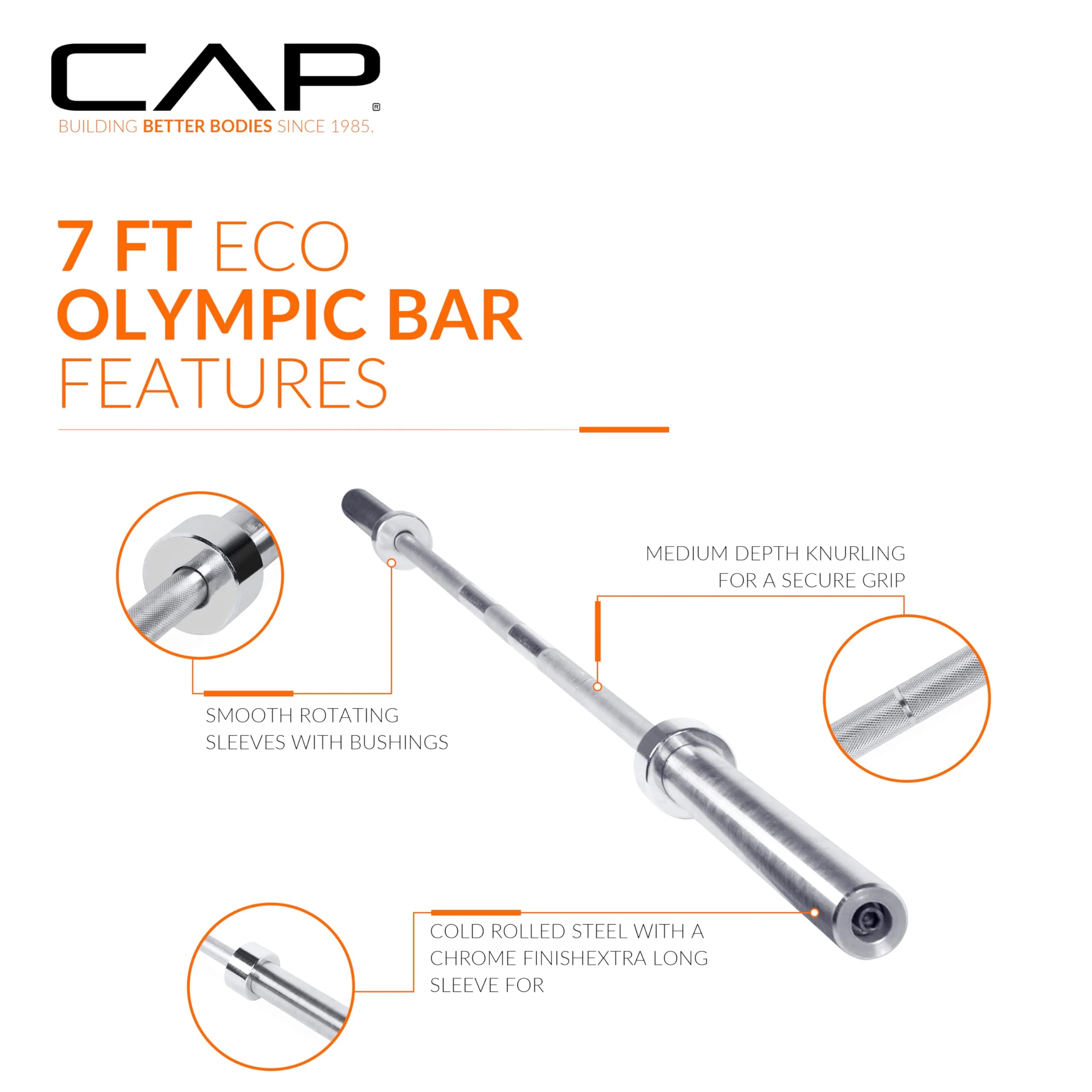 CAP Barbell Olympic Bar - Durable Steel, Chrome Finish, 2-Inch Plates, 2185mm Length, Home Gym Fitness