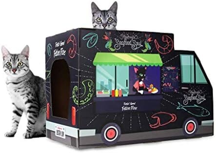 Cat House & Scratcher by Cat Food Truck - 2-in-1 Cardboard with Catnip, Easy Assembly, Supports Paw Health