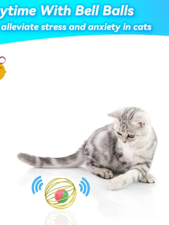 CatPlay Interactive Indoor Cat Toy Set - 6 Rolling Balls with Feathers & Bells for Engaging Play