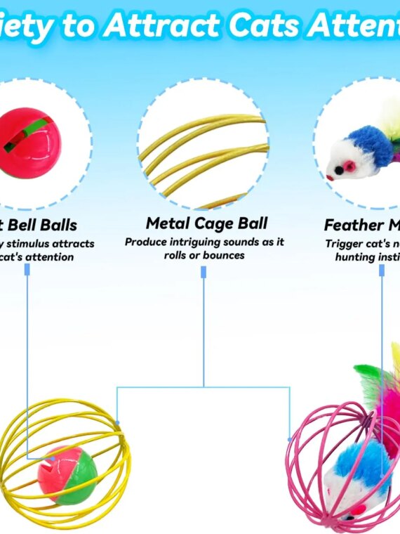 CatPlay Interactive Indoor Cat Toy Set - 6 Rolling Balls with Feathers & Bells for Engaging Play
