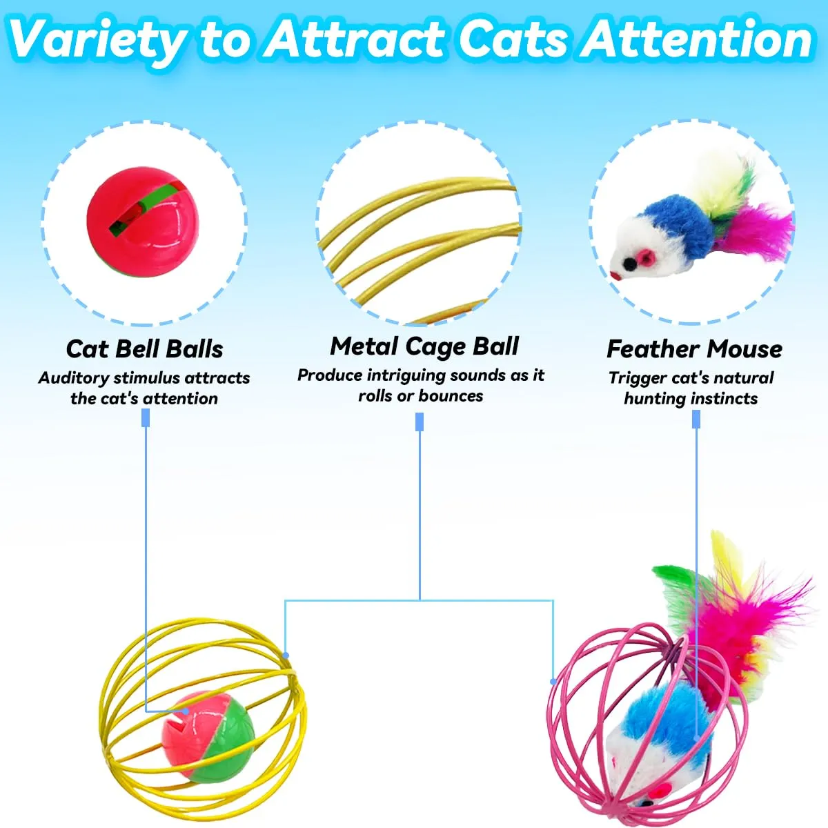 CatPlay Interactive Indoor Cat Toy Set - 6 Rolling Balls with Feathers & Bells for Engaging Play