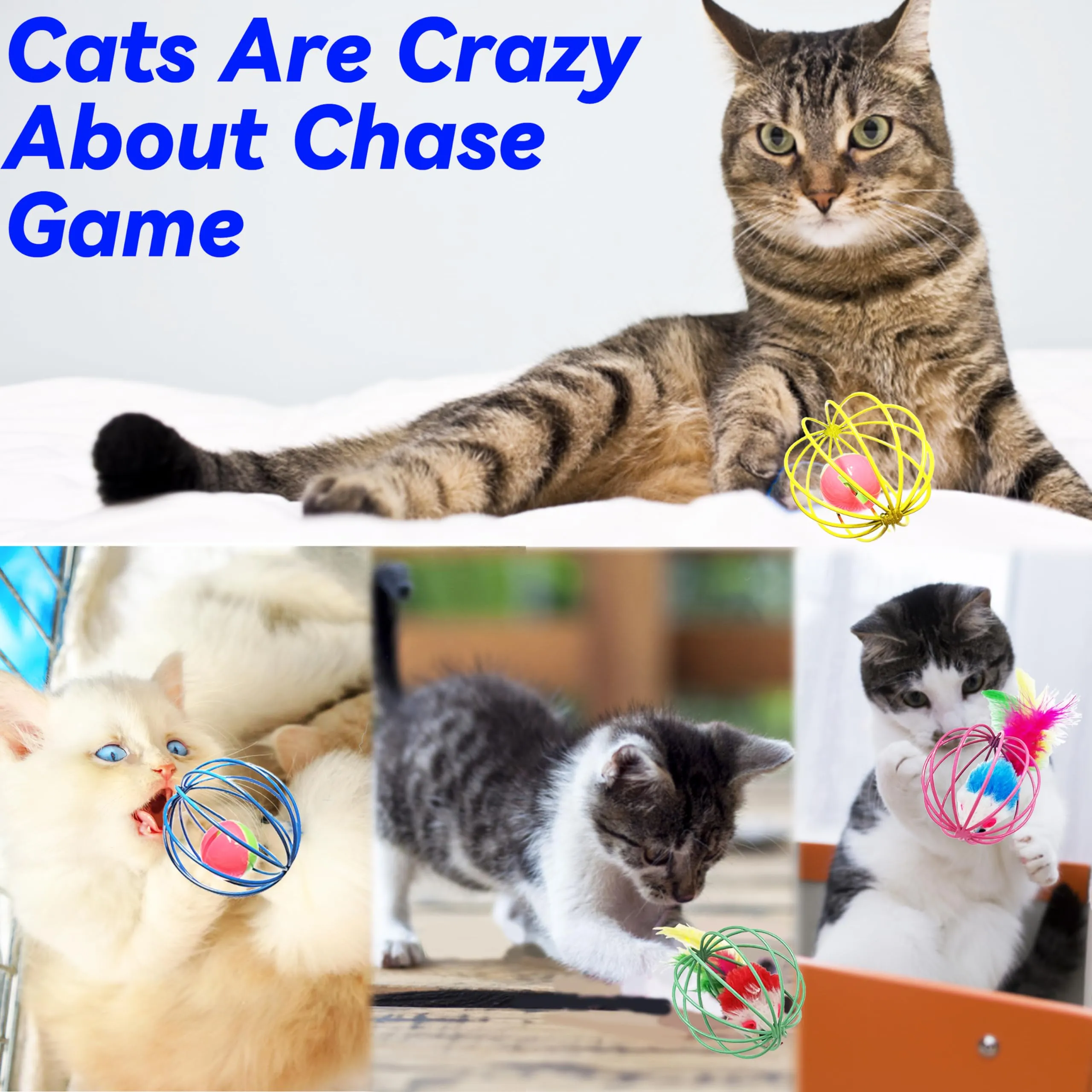 CatPlay Interactive Indoor Cat Toy Set - 6 Rolling Balls with Feathers & Bells for Engaging Play