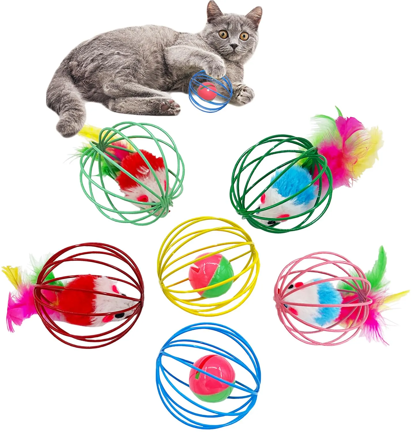 CatPlay Interactive Indoor Cat Toy Set - 6 Rolling Balls with Feathers & Bells for Engaging Play
