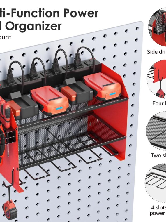 CCCEI Wall-Mount Power Tool Organizer with 4 Slots, Hooks, Drill Bit Rack & Built-in Power Strip