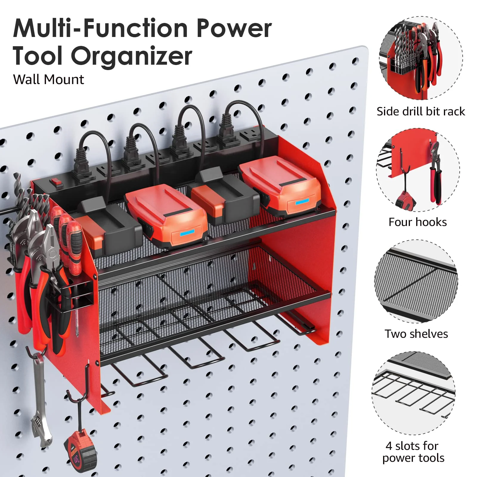 CCCEI Wall-Mount Power Tool Organizer with 4 Slots, Hooks, Drill Bit Rack & Built-in Power Strip