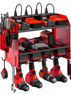 CCCEI Wall-Mount Power Tool Organizer with 4 Slots, Hooks, Drill Bit Rack & Built-in Power Strip