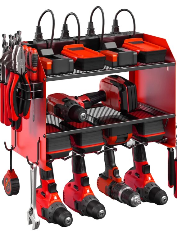 CCCEI Wall-Mount Power Tool Organizer with 4 Slots, Hooks, Drill Bit Rack & Built-in Power Strip
