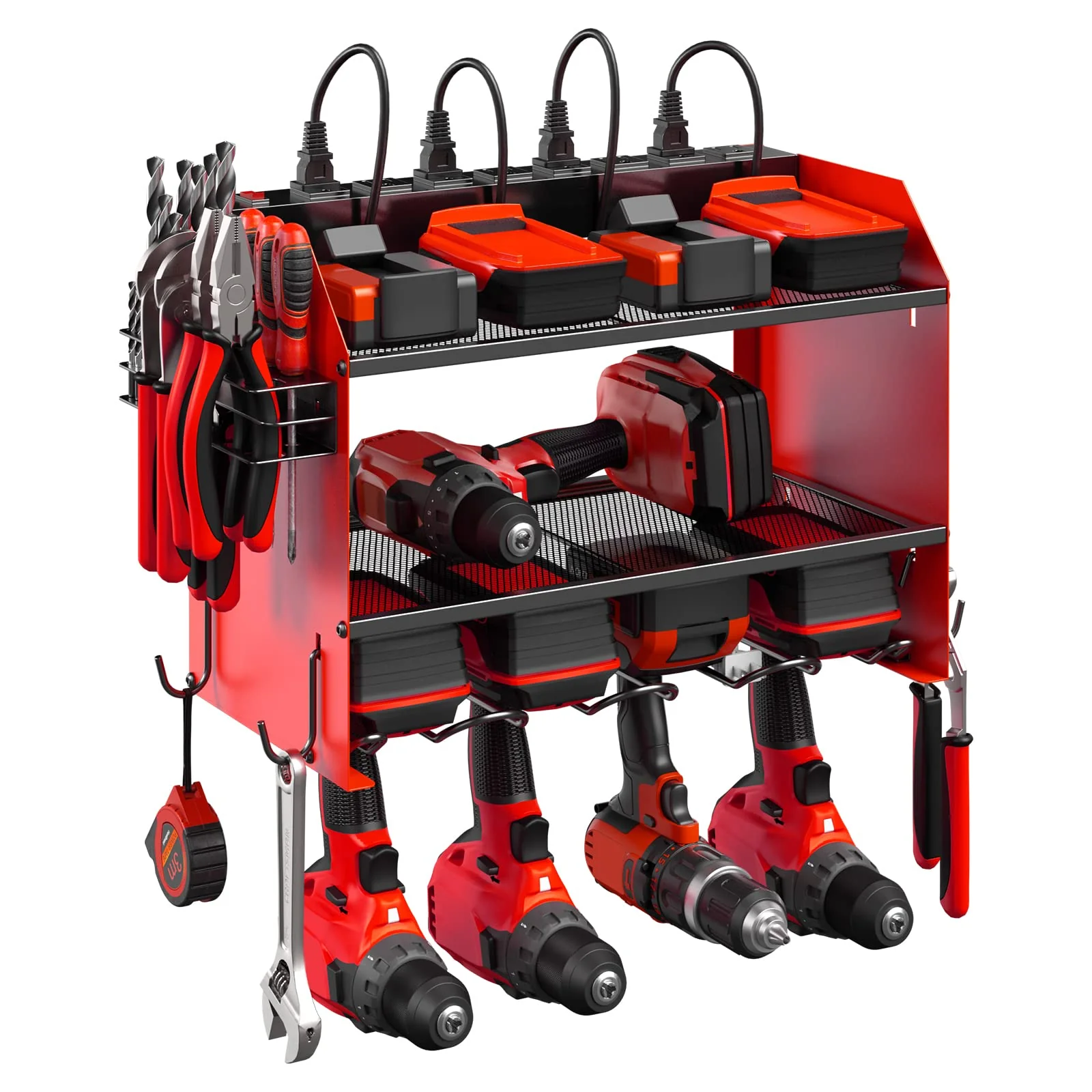 CCCEI Wall-Mount Power Tool Organizer with 4 Slots, Hooks, Drill Bit Rack & Built-in Power Strip