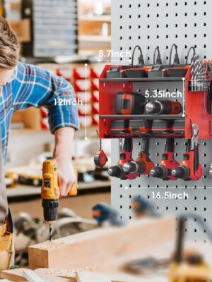 CCCEI Wall-Mount Power Tool Organizer with 4 Slots, Hooks, Drill Bit Rack & Built-in Power Strip