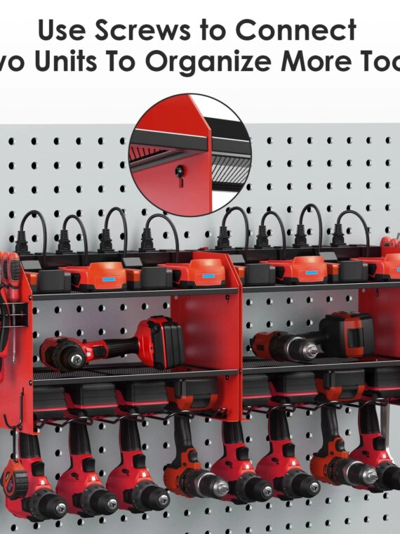 CCCEI Wall-Mount Power Tool Organizer with 4 Slots, Hooks, Drill Bit Rack & Built-in Power Strip