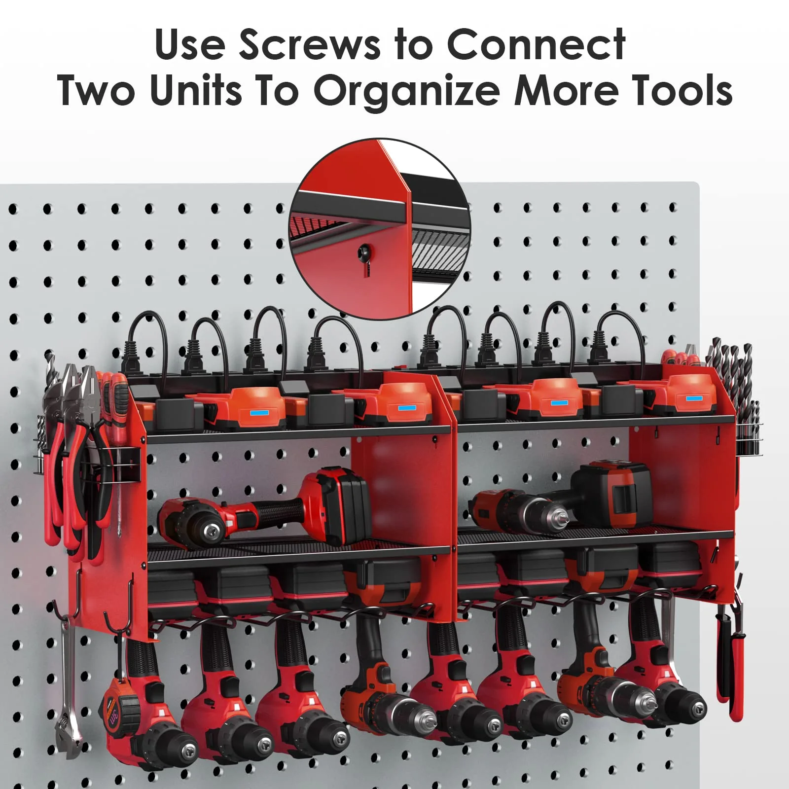 CCCEI Wall-Mount Power Tool Organizer with 4 Slots, Hooks, Drill Bit Rack & Built-in Power Strip