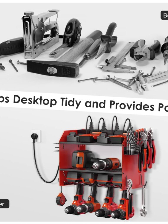 CCCEI Wall-Mount Power Tool Organizer with 4 Slots, Hooks, Drill Bit Rack & Built-in Power Strip