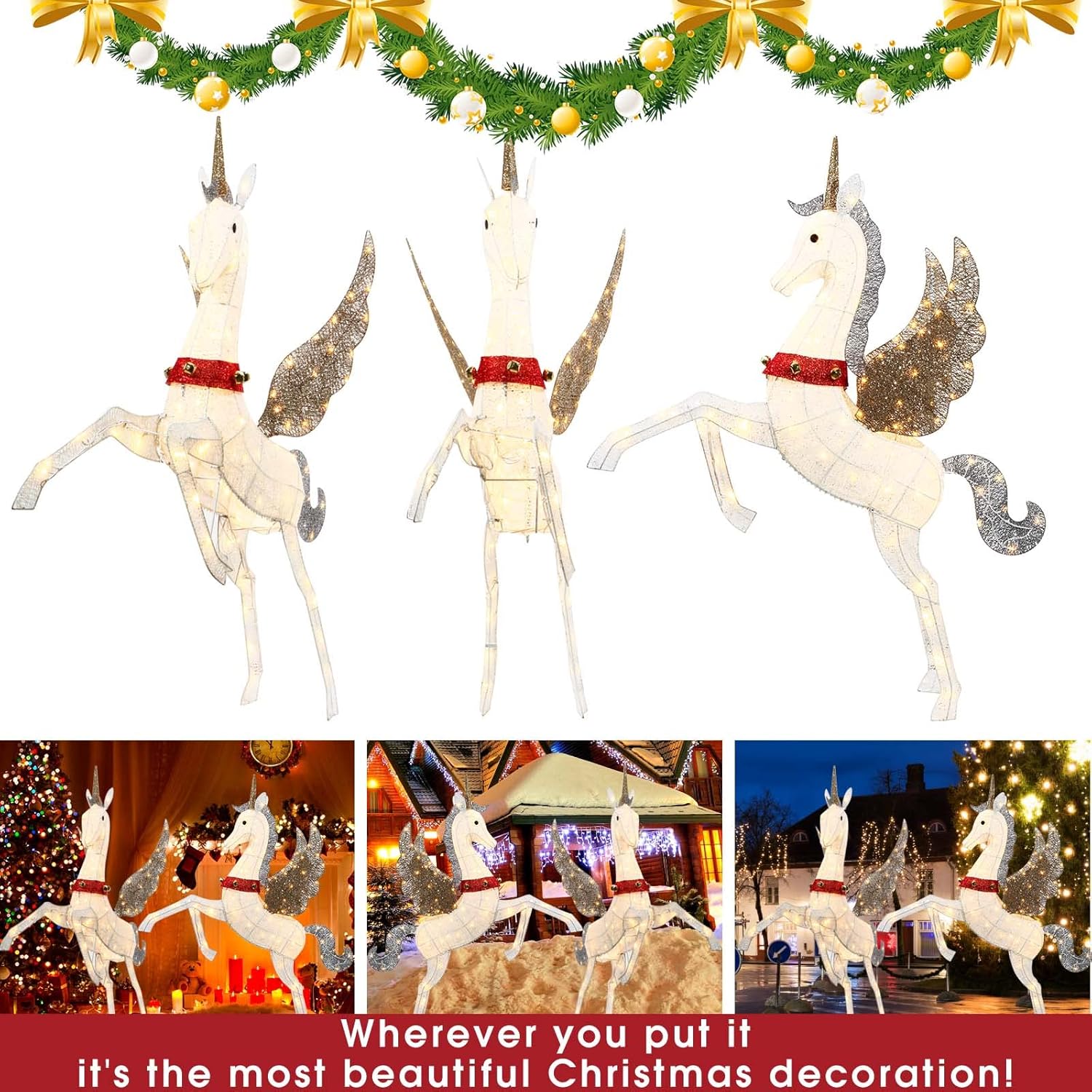 CiniQy Lighted Christmas Pegasus 4.7FT with 140 Warm White LEDs, Metal Outdoor/Indoor Decoration