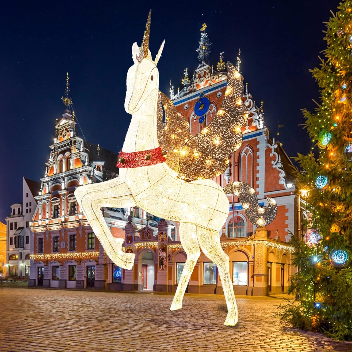 CiniQy Lighted Christmas Pegasus 4.7FT with 140 Warm White LEDs, Metal Outdoor/Indoor Decoration