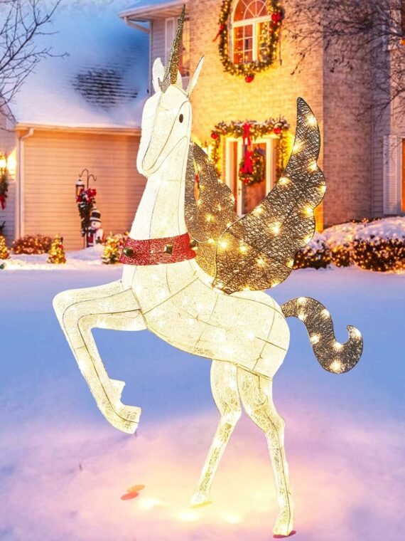 CiniQy Lighted Christmas Pegasus 4.7FT with 140 Warm White LEDs, Metal Outdoor/Indoor Decoration