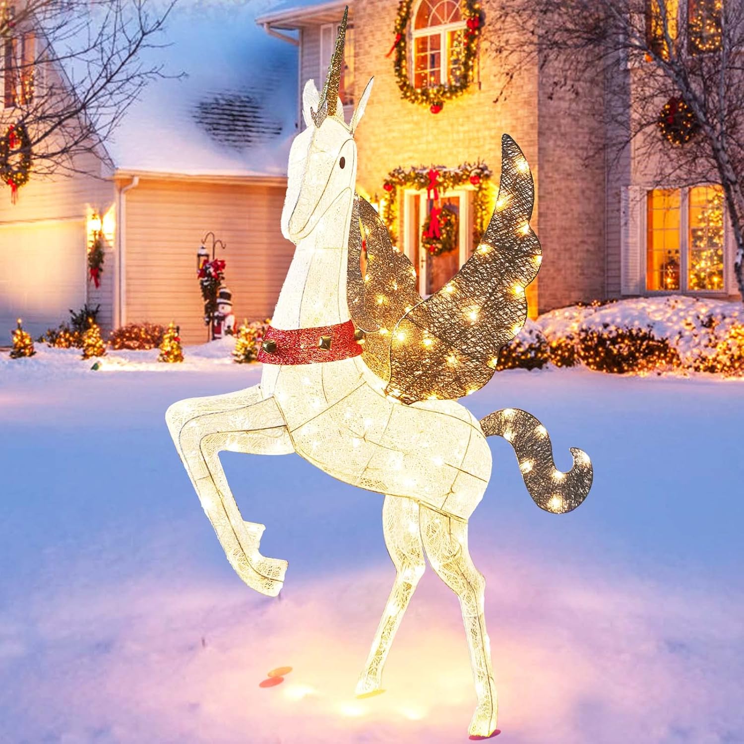CiniQy Lighted Christmas Pegasus 4.7FT with 140 Warm White LEDs, Metal Outdoor/Indoor Decoration