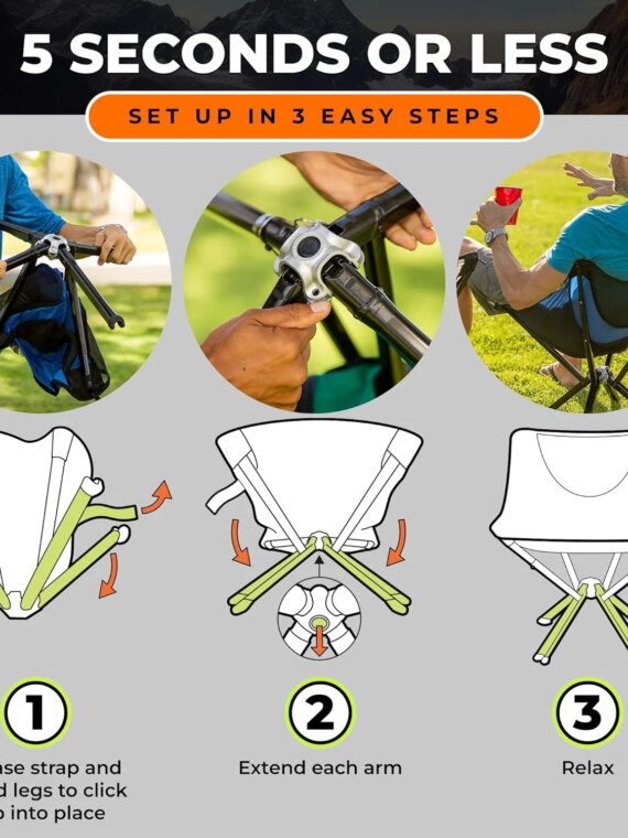 CLIQ Portable Lightweight Folding Camping Chair - Compact, Durable, Quick Setup, Supports 300 lbs