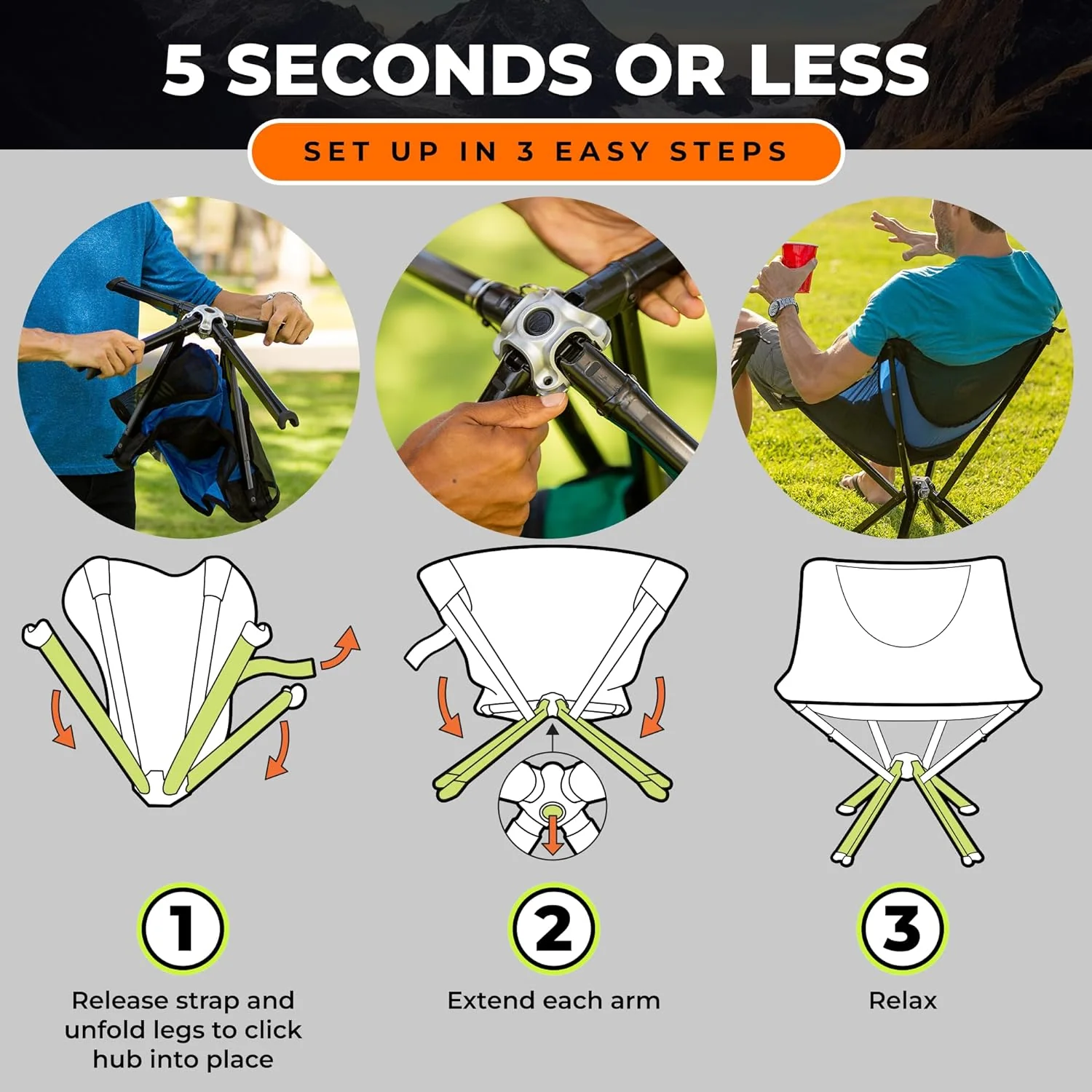 CLIQ Portable Lightweight Folding Camping Chair - Compact, Durable, Quick Setup, Supports 300 lbs