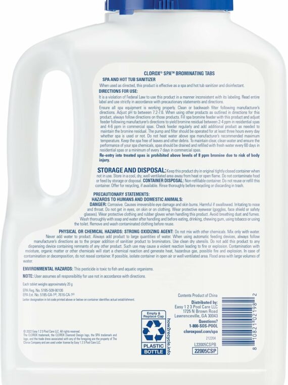 Clorox Pool&Spa Bromine Tablets 5LB - Low-Odor Sanitizer for Spas, Restores Clarity, Slow-Dissolving