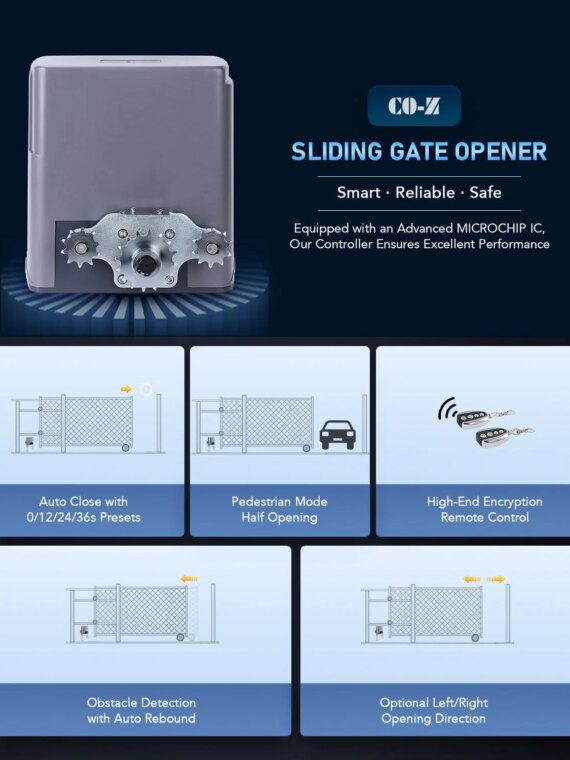 CO-Z 1400lb Sliding Gate Opener, 280W Motor, Remote Access, Durable Steel, Easy Install