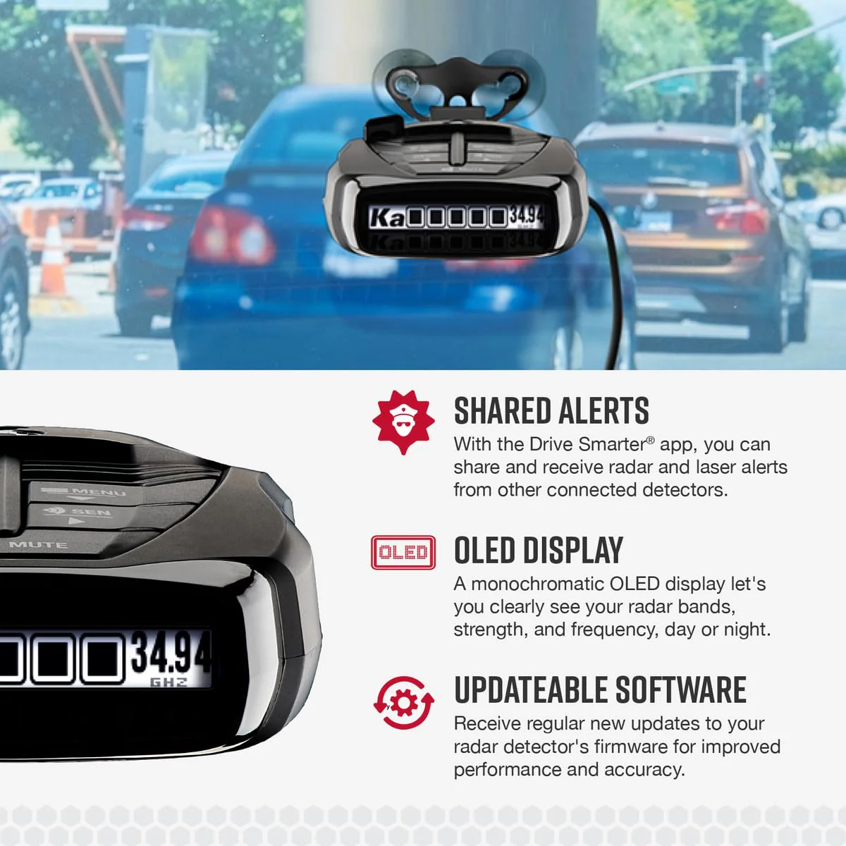 Cobra RAD 480i Laser Radar Detector with Front & Rear Detection, Drive Smarter App, Long Range, DSP, Accessories Included