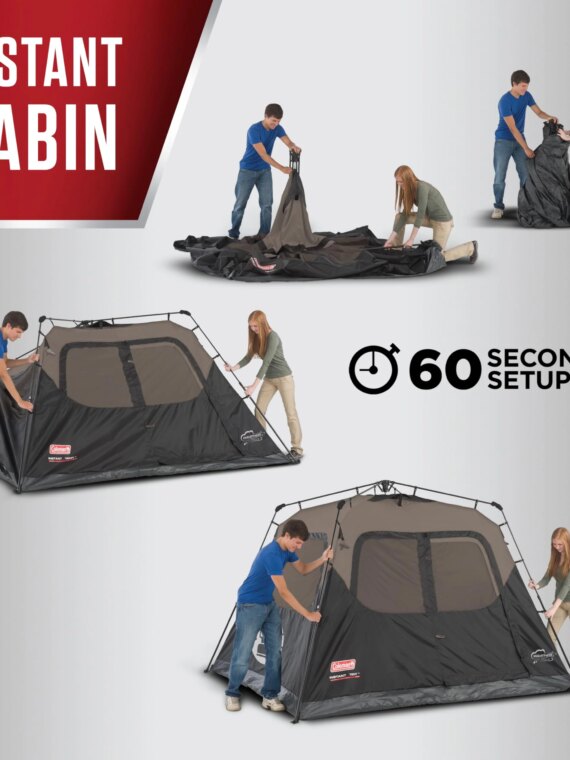 Coleman 4-Person Weatherproof Camping Tent, Instant Setup, 100% Polyester, 10x9 ft, 6 ft Center Height, Fits 2 Queen Air Beds