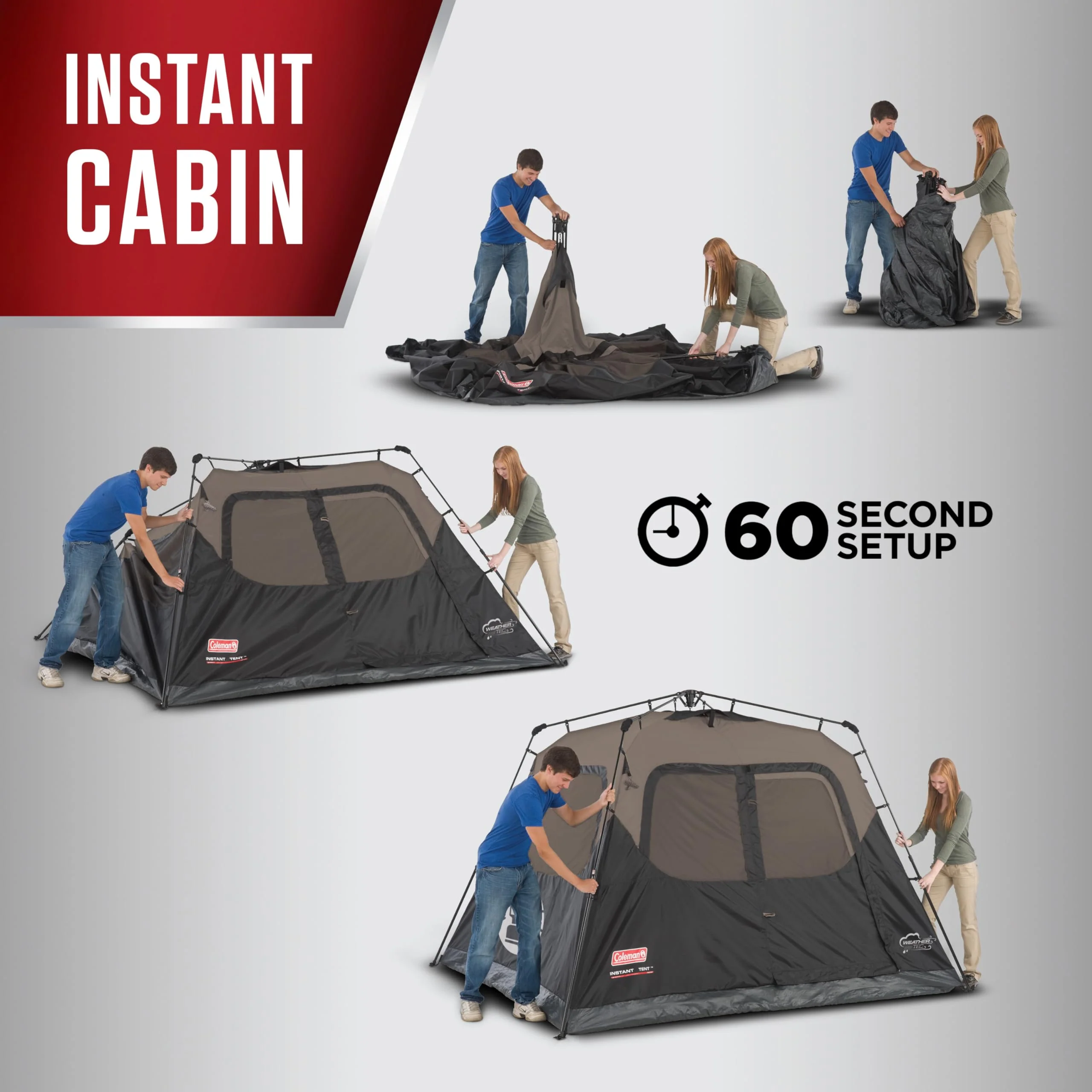 Coleman 4-Person Weatherproof Camping Tent, Instant Setup, 100% Polyester, 10x9 ft, 6 ft Center Height, Fits 2 Queen Air Beds