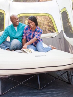 Coleman Queen Camping Cot with Air Mattress & Battery Pump – Portable Folding Bed with Side Table