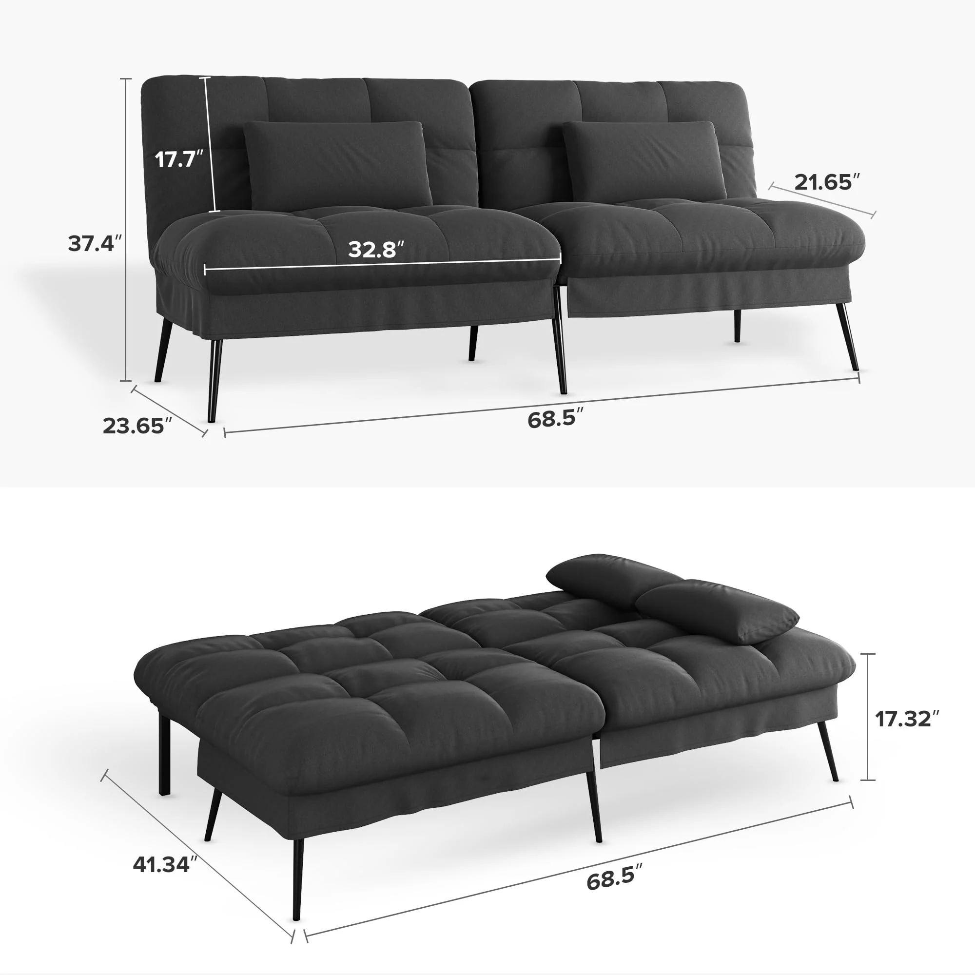 COMHOMA Convertible Futon Sofa Bed, Adjustable Backrest, Supportive Legs, Modern Design