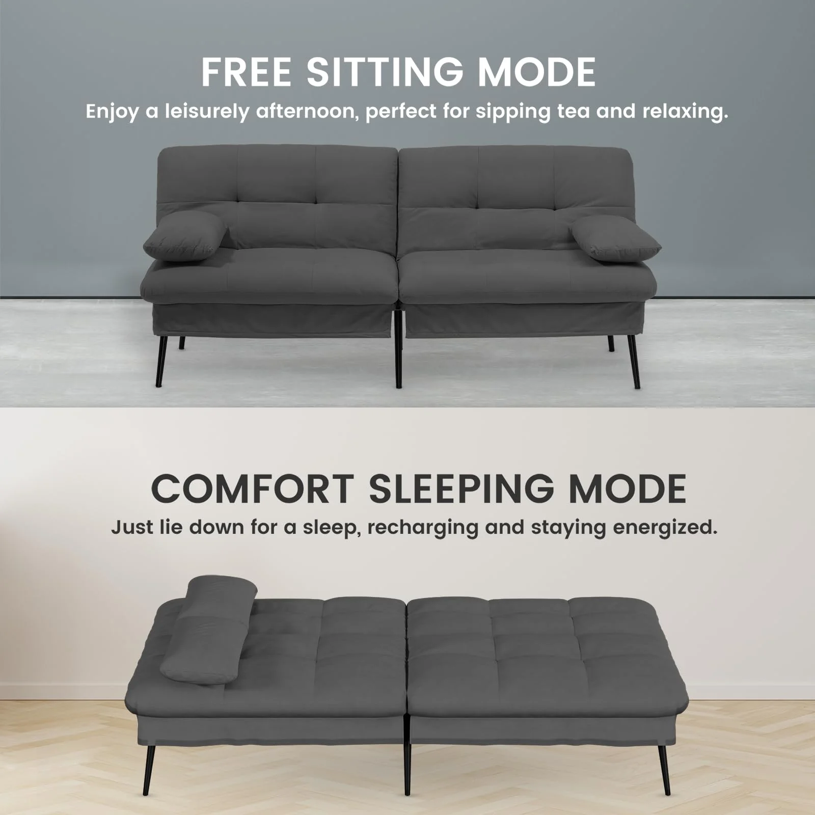 COMHOMA Convertible Futon Sofa Bed, Adjustable Backrest, Supportive Legs, Modern Design