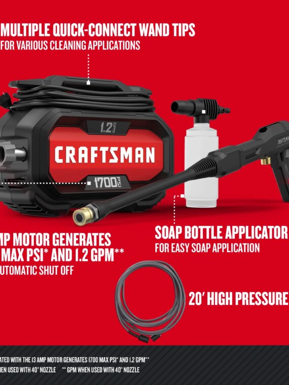 CRAFTSMAN 1700-PSI Electric Pressure Washer, 1.2 GPM, 13 Amp, with Soap Applicator & 20 ft. Hose