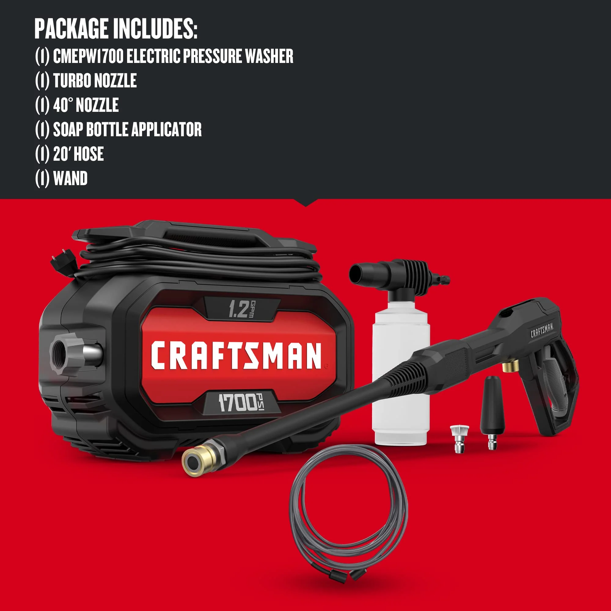 CRAFTSMAN 1700-PSI Electric Pressure Washer, 1.2 GPM, 13 Amp, with Soap Applicator & 20 ft. Hose