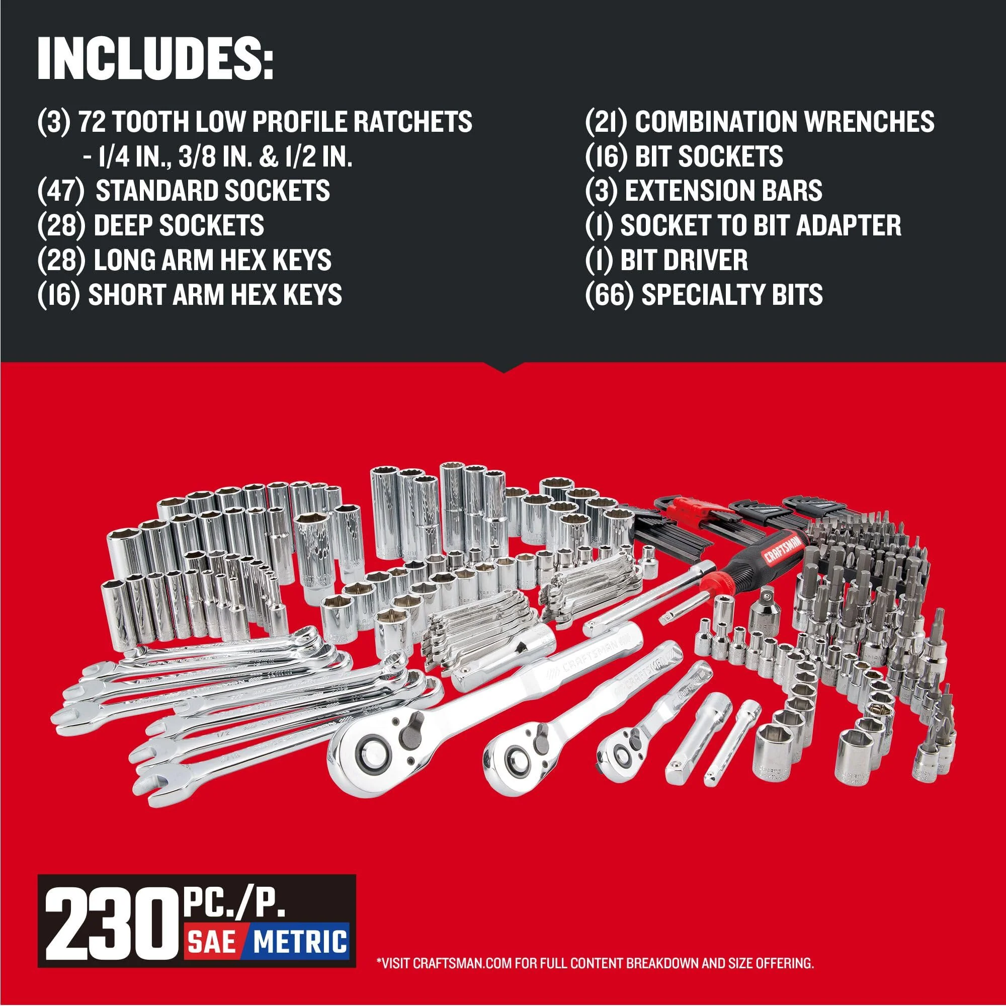 Craftsman Versastack Mechanics Tool Set - Low Profile & 72-Tooth Ratchets, Sockets, Wrenches, 3-Drawer Box, VersaStack Compatible