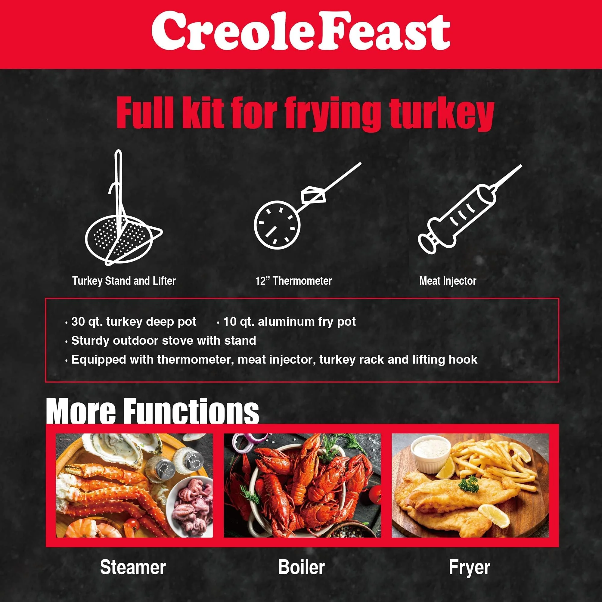 CreoleFeast 30 Qt Turkey & 10 Qt Fish Fryer Steamer Set with Burner & Accessories