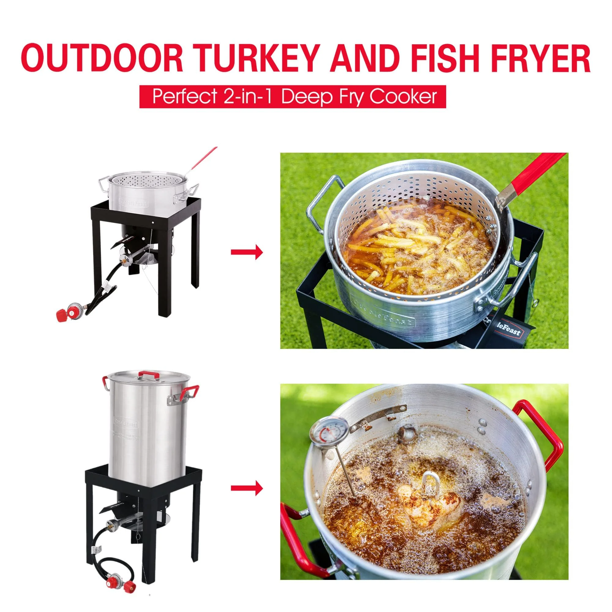 CreoleFeast 30 Qt Turkey & 10 Qt Fish Fryer Steamer Set with Burner & Accessories