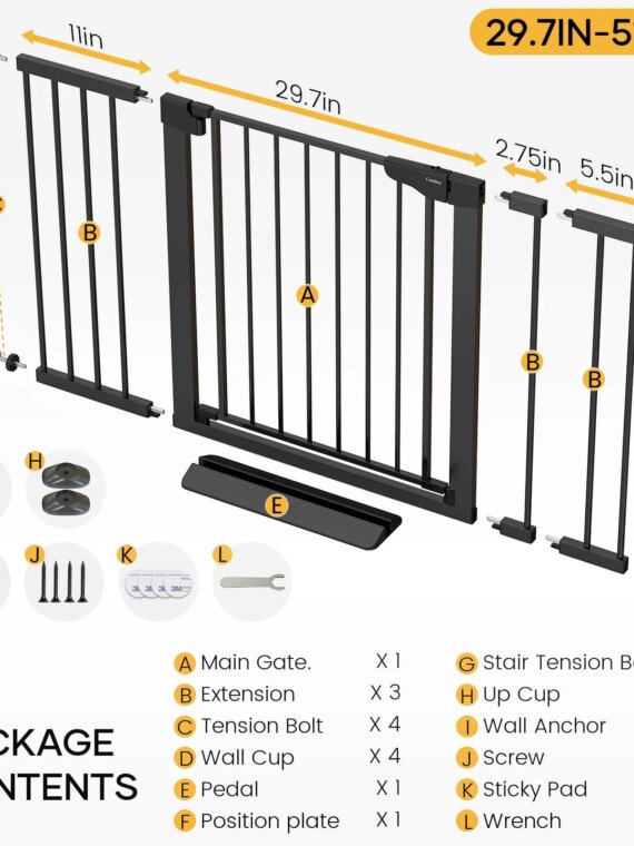 Cumbor Extra-Wide Baby & Pet Gate, 30.5"H, Adjustable 29.7"-51.5", Heavy-Duty Steel, Auto-Close, Easy Install