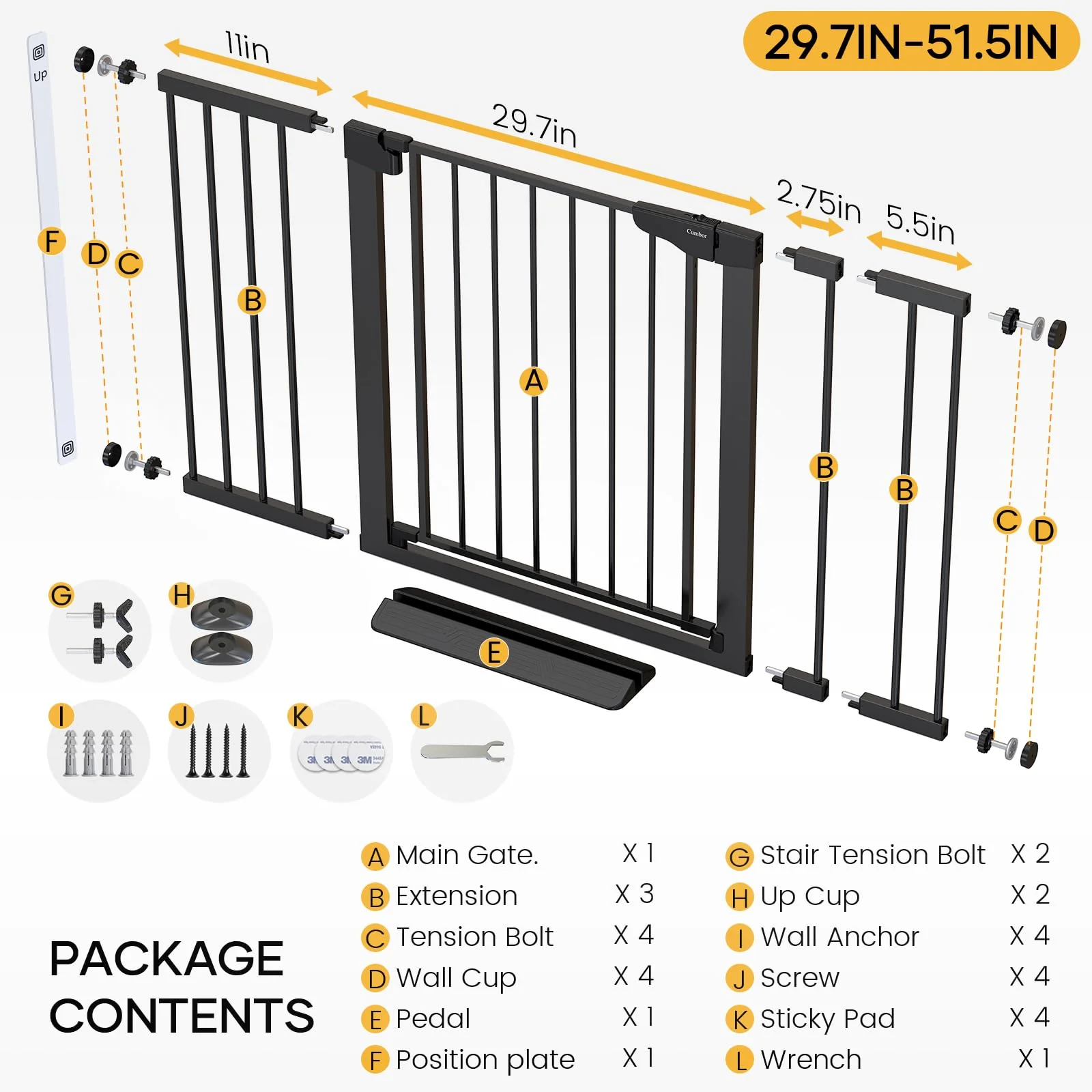 Cumbor Extra-Wide Baby & Pet Gate, 30.5"H, Adjustable 29.7"-51.5", Heavy-Duty Steel, Auto-Close, Easy Install