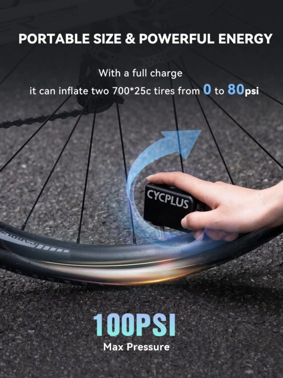CYCPLUS Portable 100PSI Electric Bicycle Pump, Ultra-Mini, Rechargeable, Dual Nozzle, Pocket Size