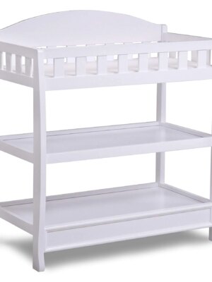 Delta Children Infant Changing Table with Pad, Wood Construction, Water-Resistant, Safety Rails, Storage Shelves
