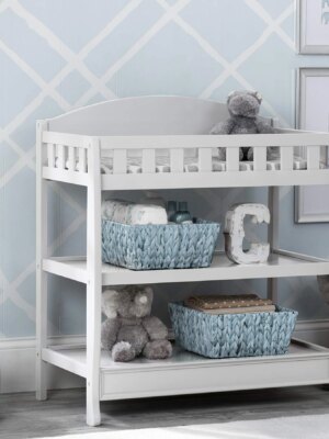 Delta Children Infant Changing Table with Pad, Wood Construction, Water-Resistant, Safety Rails, Storage Shelves